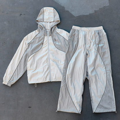 Light Gray Curved Seam Tracksuit - Y2K Hooded Windbreaker Matching Set