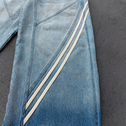 Y2K Vintage Jeans - Light Blue Gradient Cream Diamond Panel Three Stripe Wide Leg Streetwear