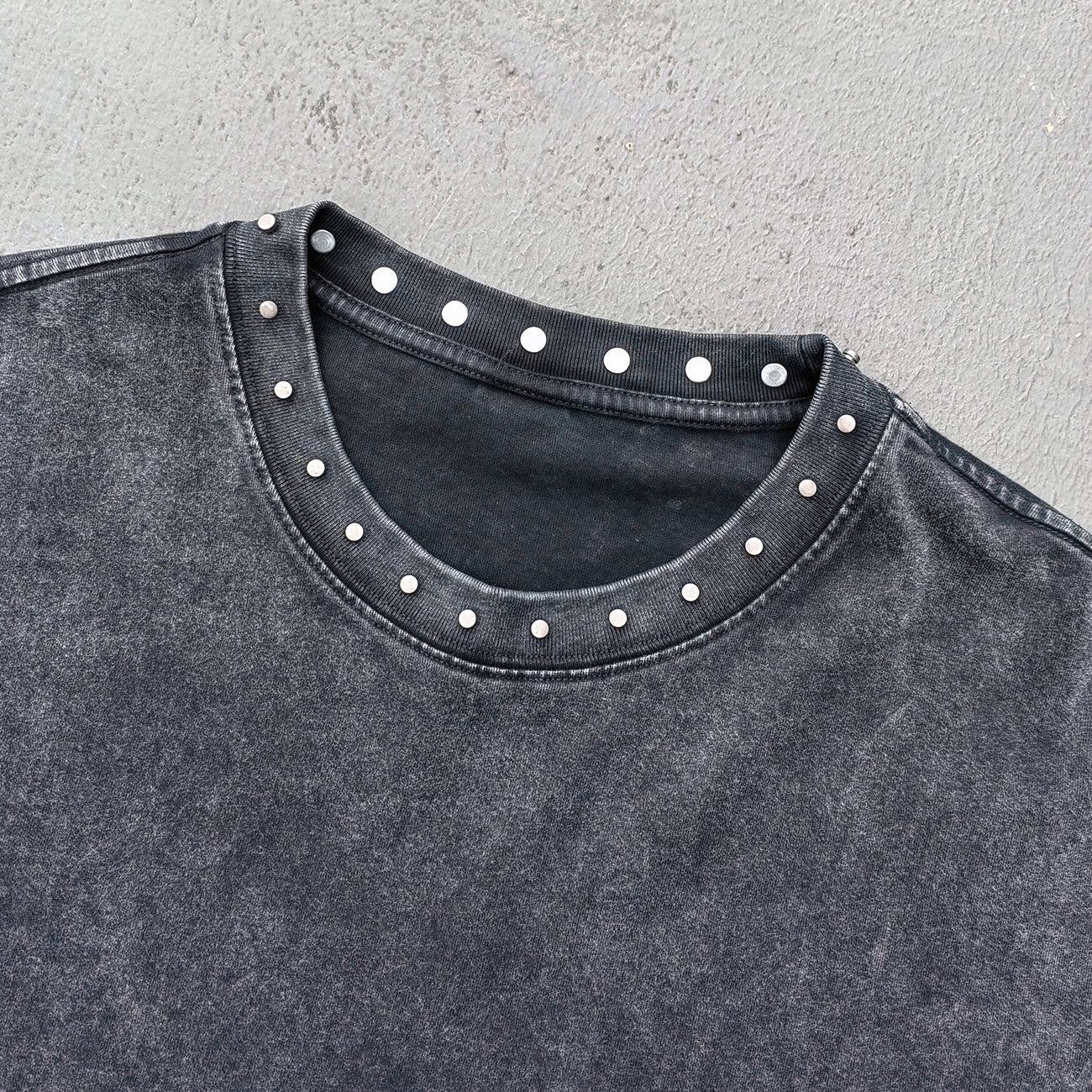 Black Stone Wash Tee - Silver Studded Collar Oversized Boxy Fit Y2K Grunge Streetwear