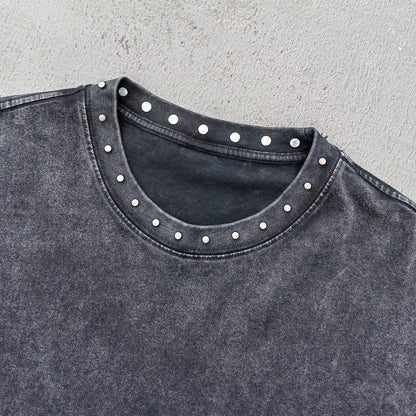 Black Stone Wash Tee - Silver Studded Collar Oversized Boxy Fit Y2K Grunge Streetwear