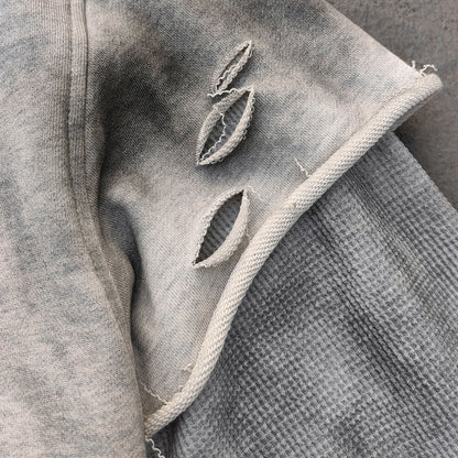 Fake Two-Piece Zip Up Hoodie - Gray Gradient Waffle Sleeve Ripped Y2K Streetwear