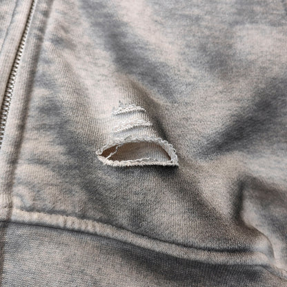 Fake Two-Piece Zip Up Hoodie - Gray Gradient Waffle Sleeve Ripped Y2K Streetwear