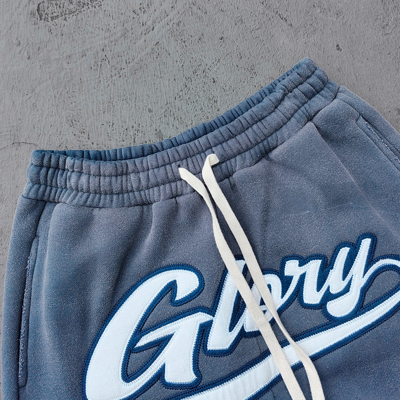 Gray Blue Glory Patch Pants - Multi Badge Embroidered Acid Wash Wide Leg Drawstring Y2K Oversized