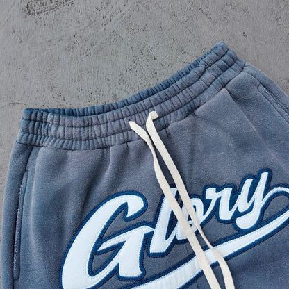 Gray Blue Glory Patch Pants - Multi Badge Embroidered Acid Wash Wide Leg Drawstring Y2K Oversized