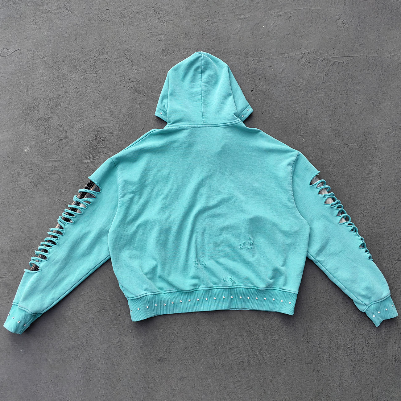 Heavily Distressed Zip Up Hoodie - Mint Studded Ripped Plaid Lining Y2K