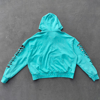 Heavily Distressed Zip Up Hoodie - Mint Studded Ripped Plaid Lining Y2K