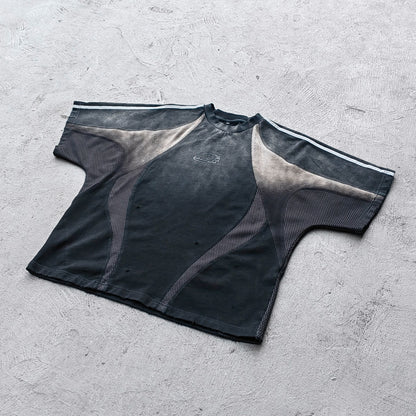 Mesh Panel T-Shirt - Black Gray Gradient Three Stripe HDK Logo Distressed Y2K Streetwear