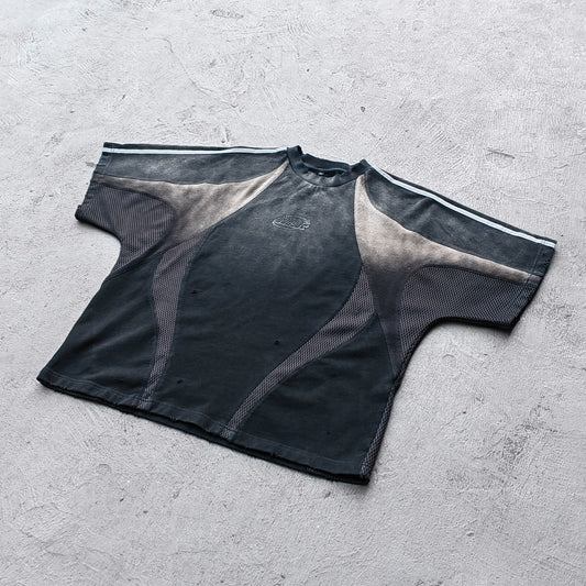 Mesh Panel T-Shirt - Black Gray Gradient Three Stripe HDK Logo Distressed Y2K Streetwear