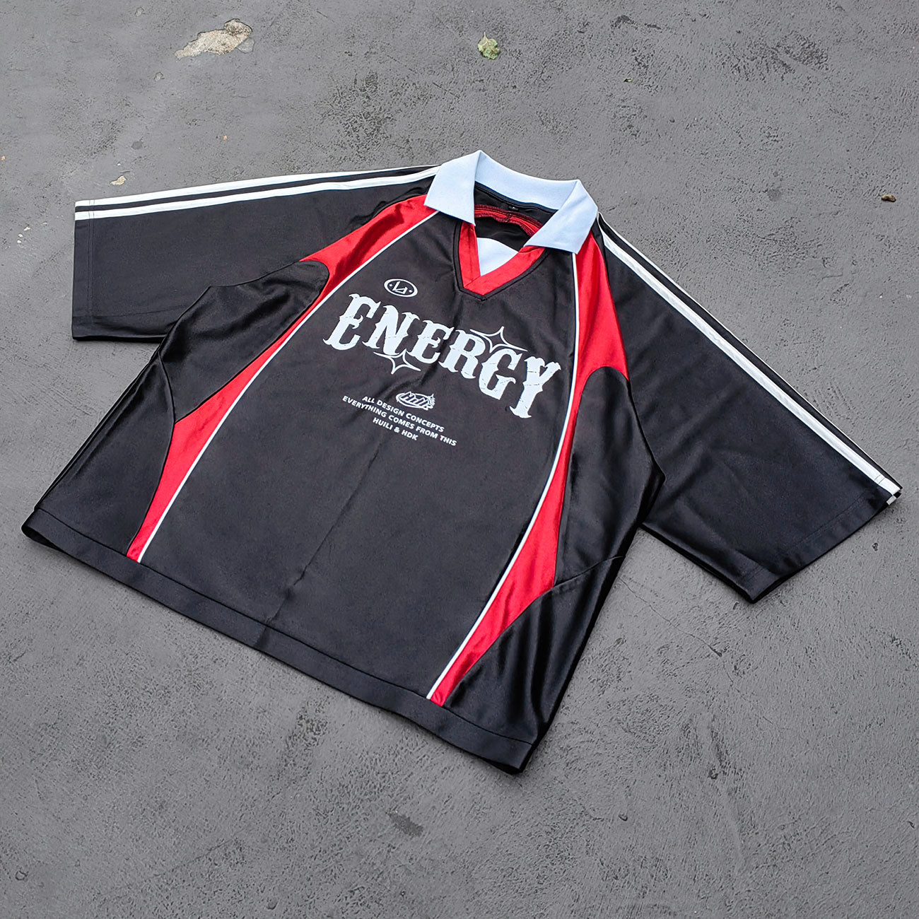 ENERGY Football Jersey Set - Black Red Color Block V Neck Three Stripe Shirt Shorts Y2K Streetwear
