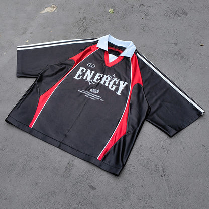 ENERGY Football Jersey Set - Black Red Color Block V Neck Three Stripe Shirt Shorts Y2K Streetwear
