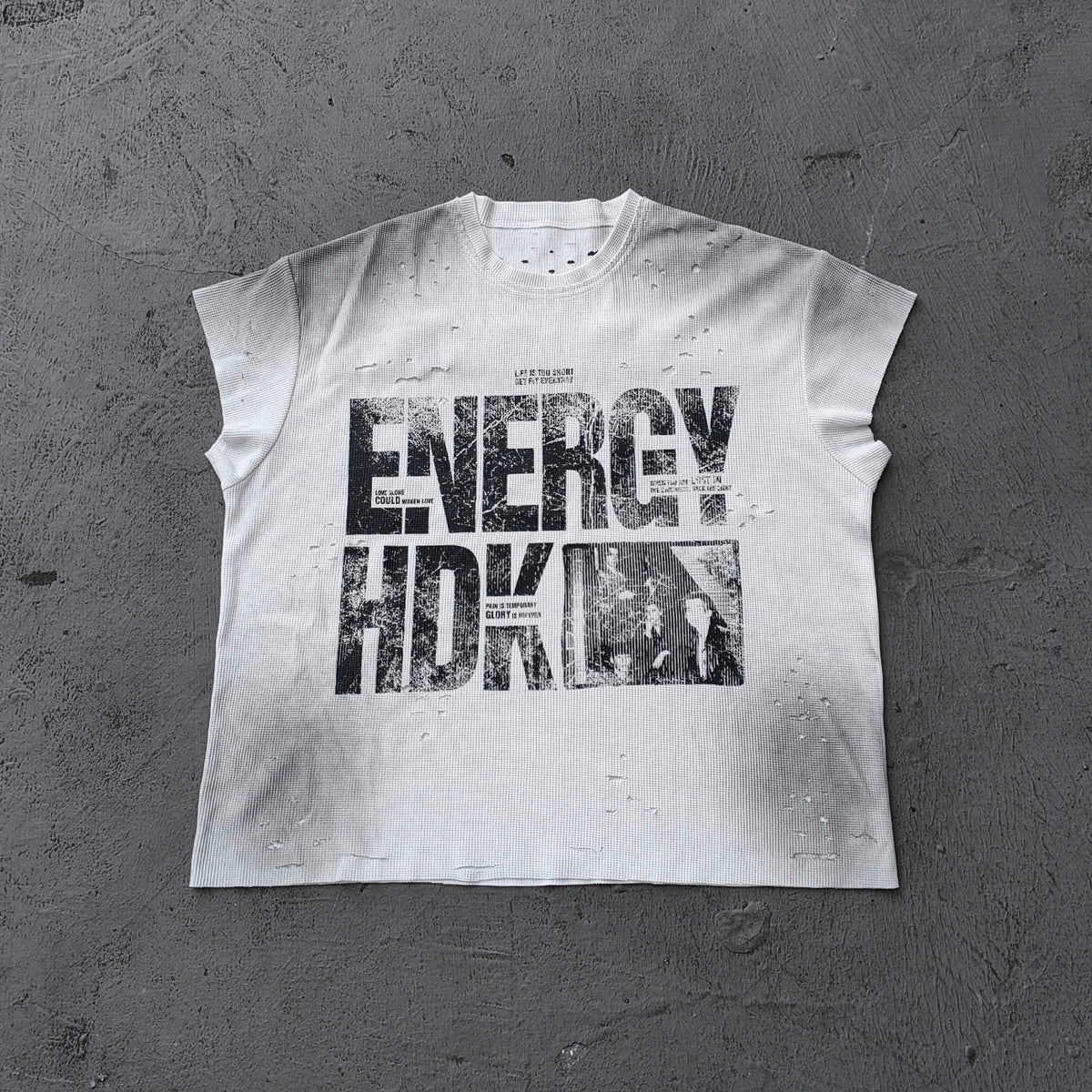ENERGY HDK Sleeveless Tee - Black White Waffle Knit Cut Off Muscle Tee Distressed Ripped Y2K Streetwear