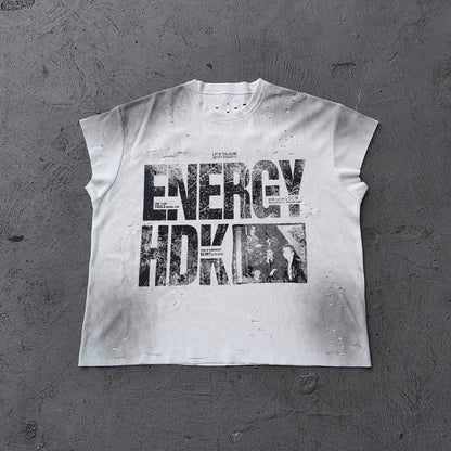 ENERGY HDK Sleeveless Tee - Black White Waffle Knit Cut Off Muscle Tee Distressed Ripped Y2K Streetwear