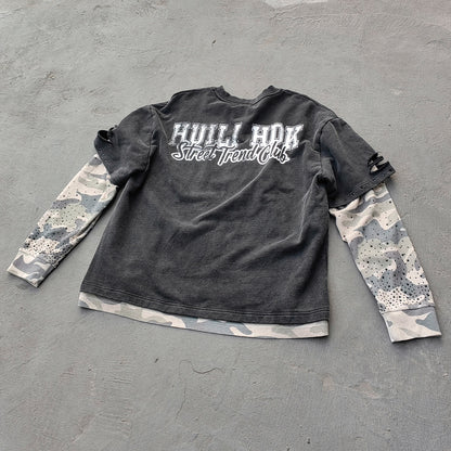 Camo Layered Crewneck - FEARLESS 03 Print Studded Rhinestone Distressed Sweatshirt