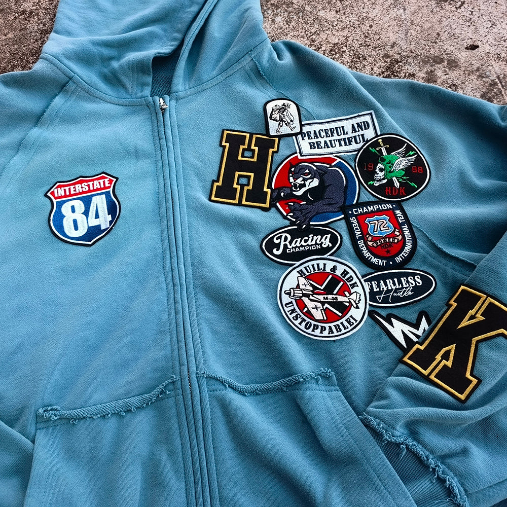 Vintage Patch Zip Up Hoodie - Distressed Racing Varsity Streetwear