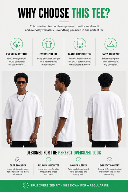 190G Premium Oversized Blank T Shirt for Men | 100% Cotton Heavyweight Drop Shoulder Crew Neck Tee for DTG, Screen Print & Everyday Streetwear