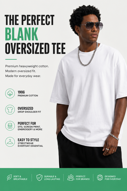 190G Premium Oversized Blank T Shirt for Men | 100% Cotton Heavyweight Drop Shoulder Crew Neck Tee for DTG, Screen Print & Everyday Streetwear