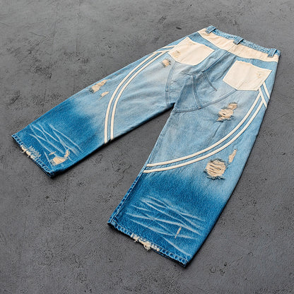 Y2K Vintage Jeans - Light Blue Gradient Cream Diamond Panel Three Stripe Wide Leg Streetwear