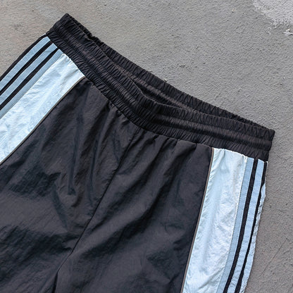 Three Stripe Track Pants - Black Color Block Reflective Panel Y2K Nylon Streetwear