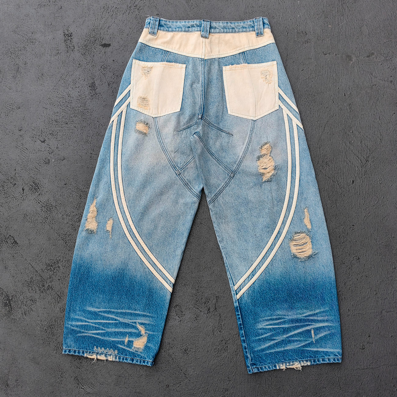 Y2K Vintage Jeans - Light Blue Gradient Cream Diamond Panel Three Stripe Wide Leg Streetwear