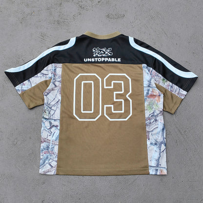 HDK Logo Football Jersey - Olive Black Camo Color Block V Neck 2003 Y2K Streetwear