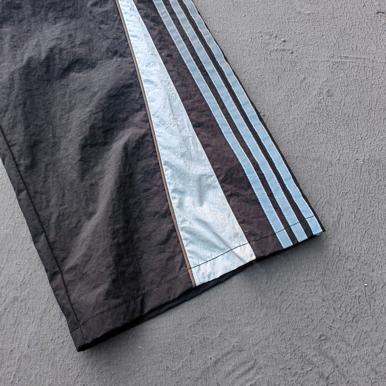 Three Stripe Track Pants - Black Color Block Reflective Panel Y2K Nylon Streetwear
