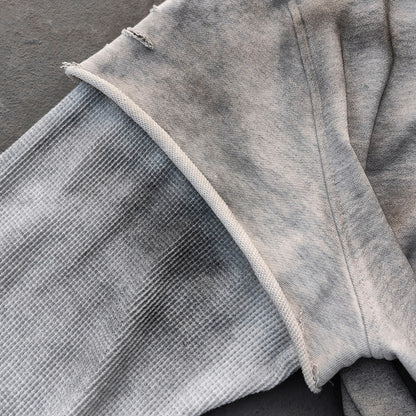 Fake Two-Piece Zip Up Hoodie - Gray Gradient Waffle Sleeve Ripped Y2K Streetwear