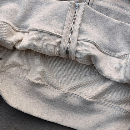 Fake Two-Piece Zip Up Hoodie - Gray Gradient Waffle Sleeve Ripped Y2K Streetwear