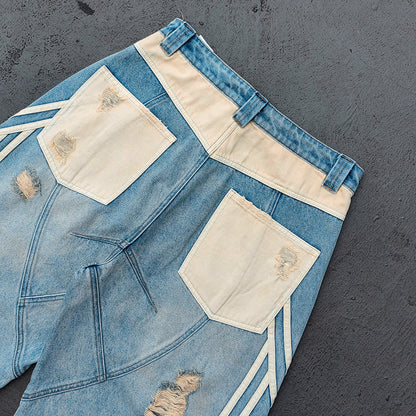 Y2K Vintage Jeans - Light Blue Gradient Cream Diamond Panel Three Stripe Wide Leg Streetwear