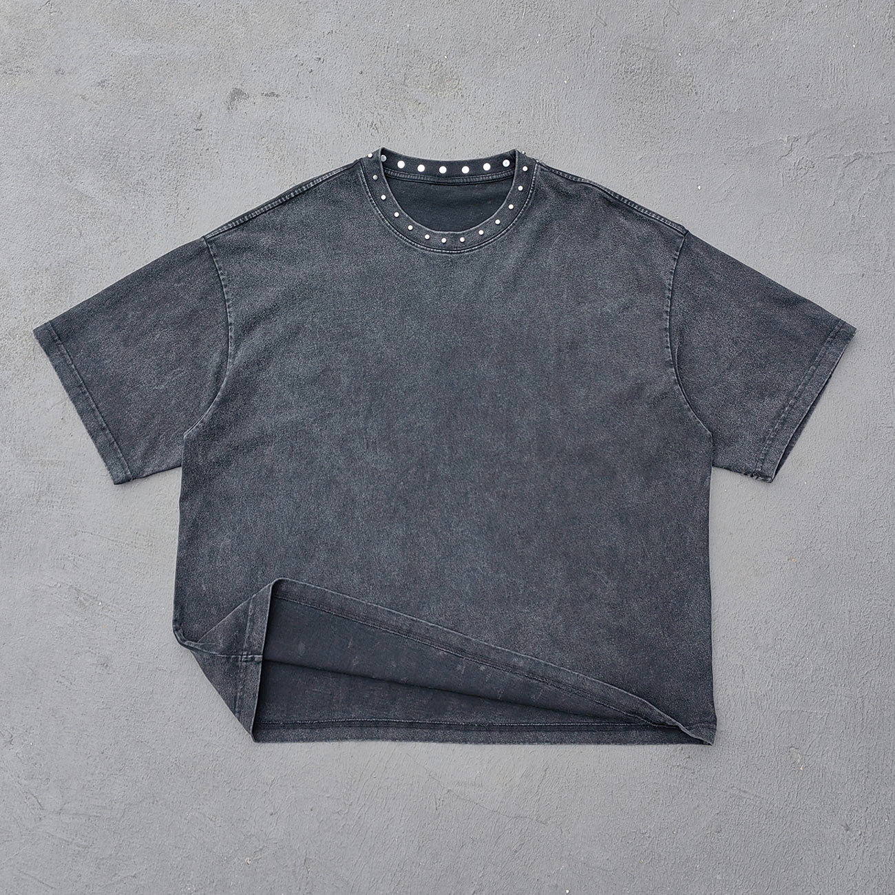 Black Stone Wash Tee - Silver Studded Collar Oversized Boxy Fit Y2K Grunge Streetwear
