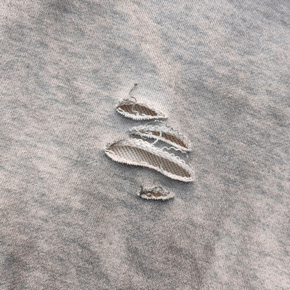Fake Two-Piece Zip Up Hoodie - Gray Gradient Waffle Sleeve Ripped Y2K Streetwear
