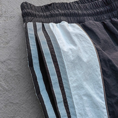 Three Stripe Track Pants - Black Color Block Reflective Panel Y2K Nylon Streetwear