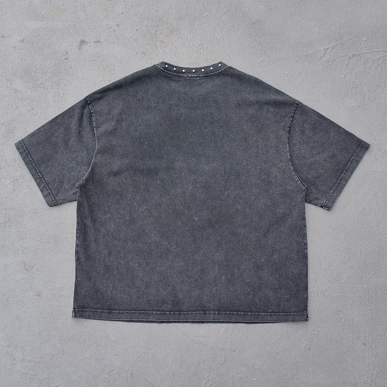 Black Stone Wash Tee - Silver Studded Collar Oversized Boxy Fit Y2K Grunge Streetwear