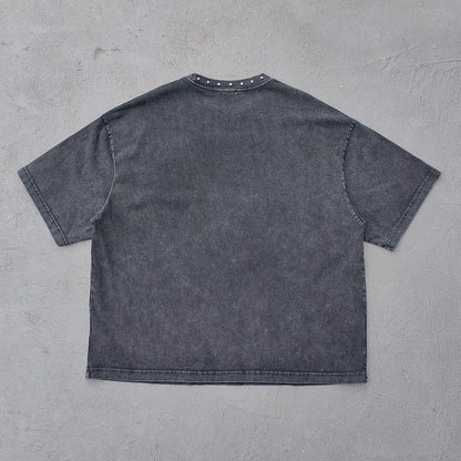 Black Stone Wash Tee - Silver Studded Collar Oversized Boxy Fit Y2K Grunge Streetwear