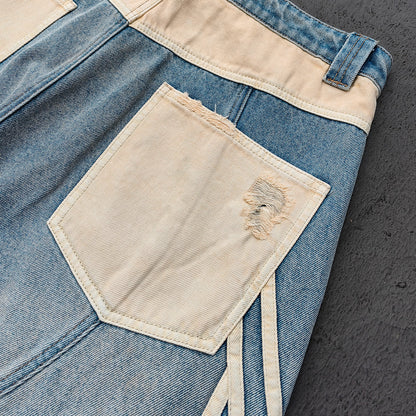 Y2K Vintage Jeans - Light Blue Gradient Cream Diamond Panel Three Stripe Wide Leg Streetwear