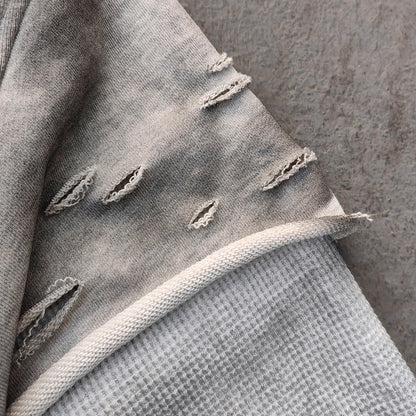 Fake Two-Piece Zip Up Hoodie - Gray Gradient Waffle Sleeve Ripped Y2K Streetwear