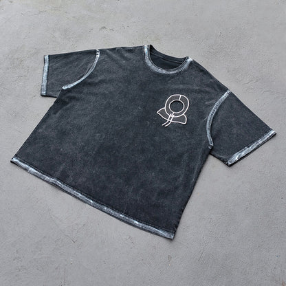 Inside Out T-Shirt - Black Acid Wash Astronaut Logo Exposed Seam Y2K Streetwear