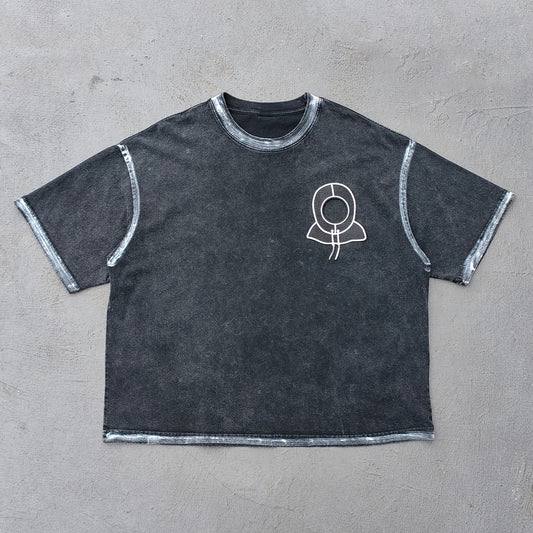 Inside Out T-Shirt - Black Acid Wash Astronaut Logo Exposed Seam Y2K Streetwear