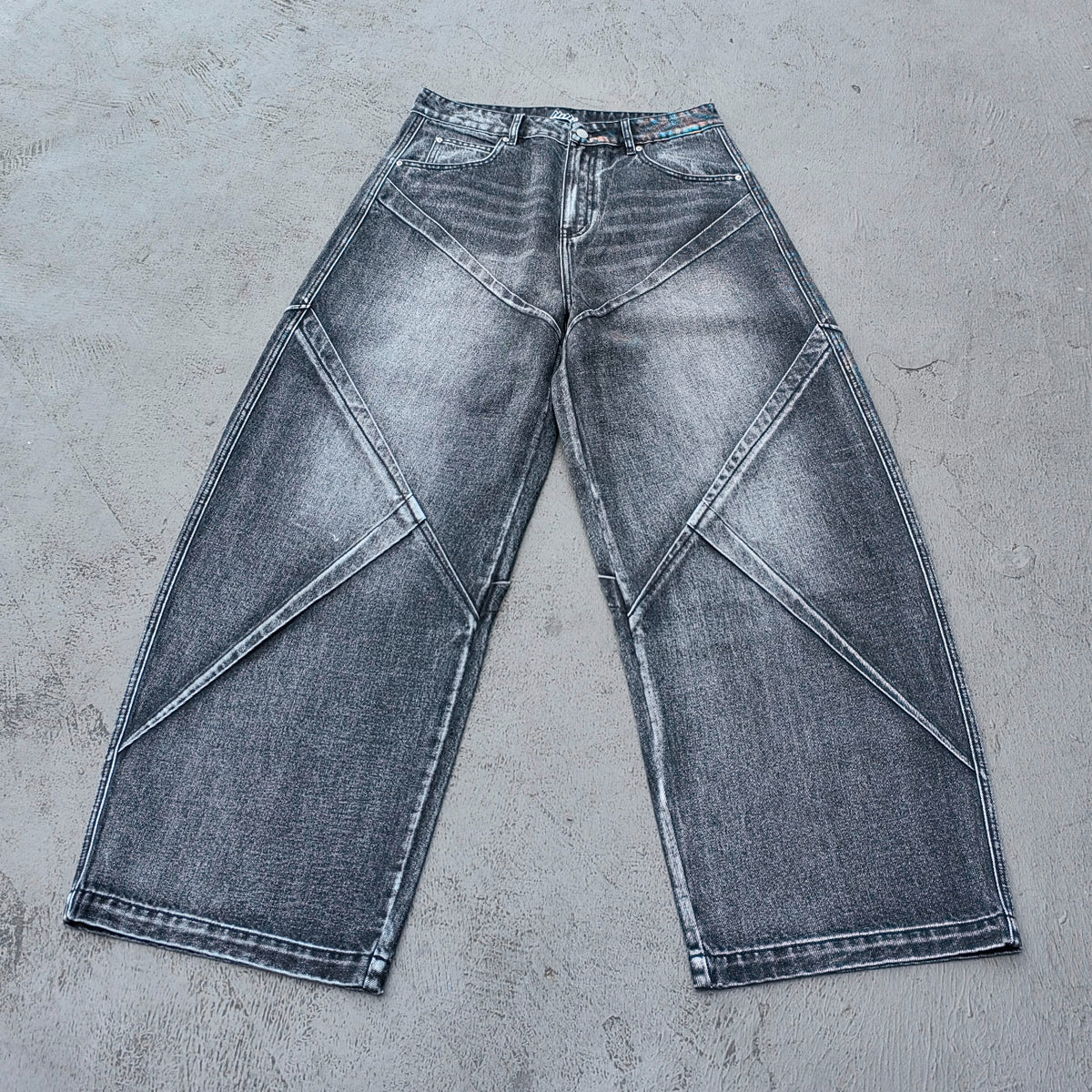 Wide Leg Jeans - Black Gray Acid Wash Geometric Diamond Panel Contrast Stitch Y2K Streetwear