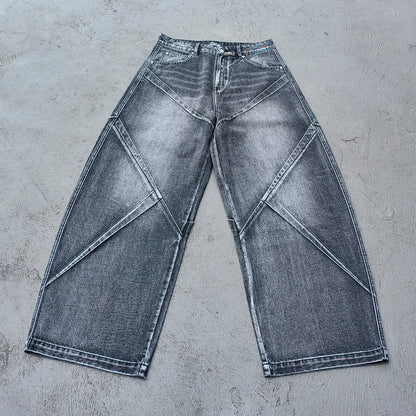 Wide Leg Jeans - Black Gray Acid Wash Geometric Diamond Panel Contrast Stitch Y2K Streetwear