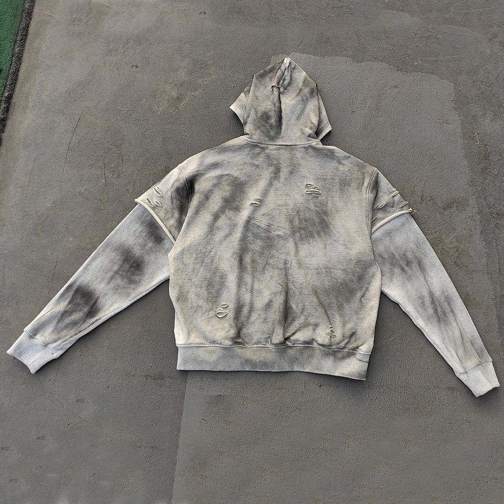 Fake Two-Piece Zip Up Hoodie - Gray Gradient Waffle Sleeve Ripped Y2K Streetwear