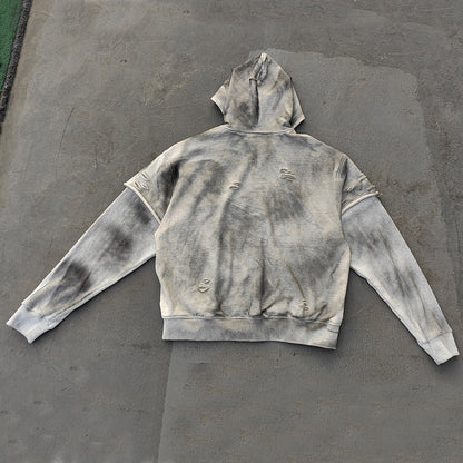 Fake Two-Piece Zip Up Hoodie - Gray Gradient Waffle Sleeve Ripped Y2K Streetwear