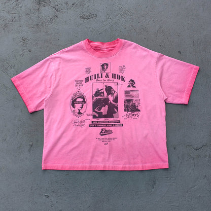 HUILI HDK Graphic Tee - Pink Gradient Acid Wash Vintage Magazine Collage Inside Out Exposed Stitch Y2K Streetwear