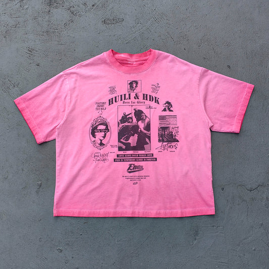 HUILI HDK Graphic Tee - Pink Gradient Acid Wash Vintage Magazine Collage Inside Out Exposed Stitch Y2K Streetwear