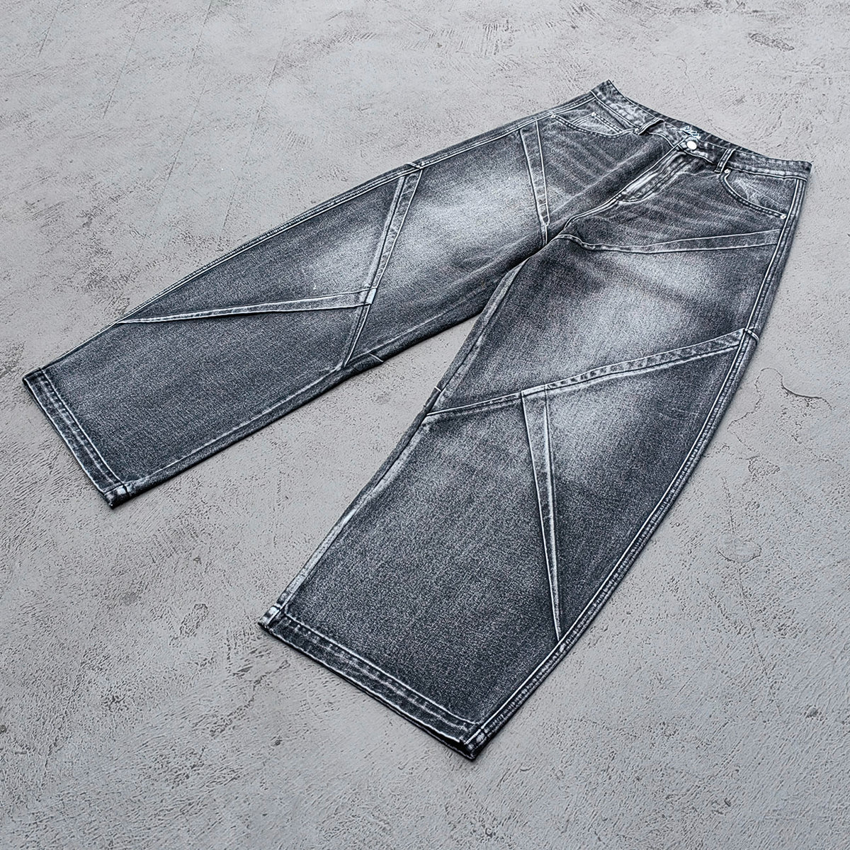 Wide Leg Jeans - Black Gray Acid Wash Geometric Diamond Panel Contrast Stitch Y2K Streetwear