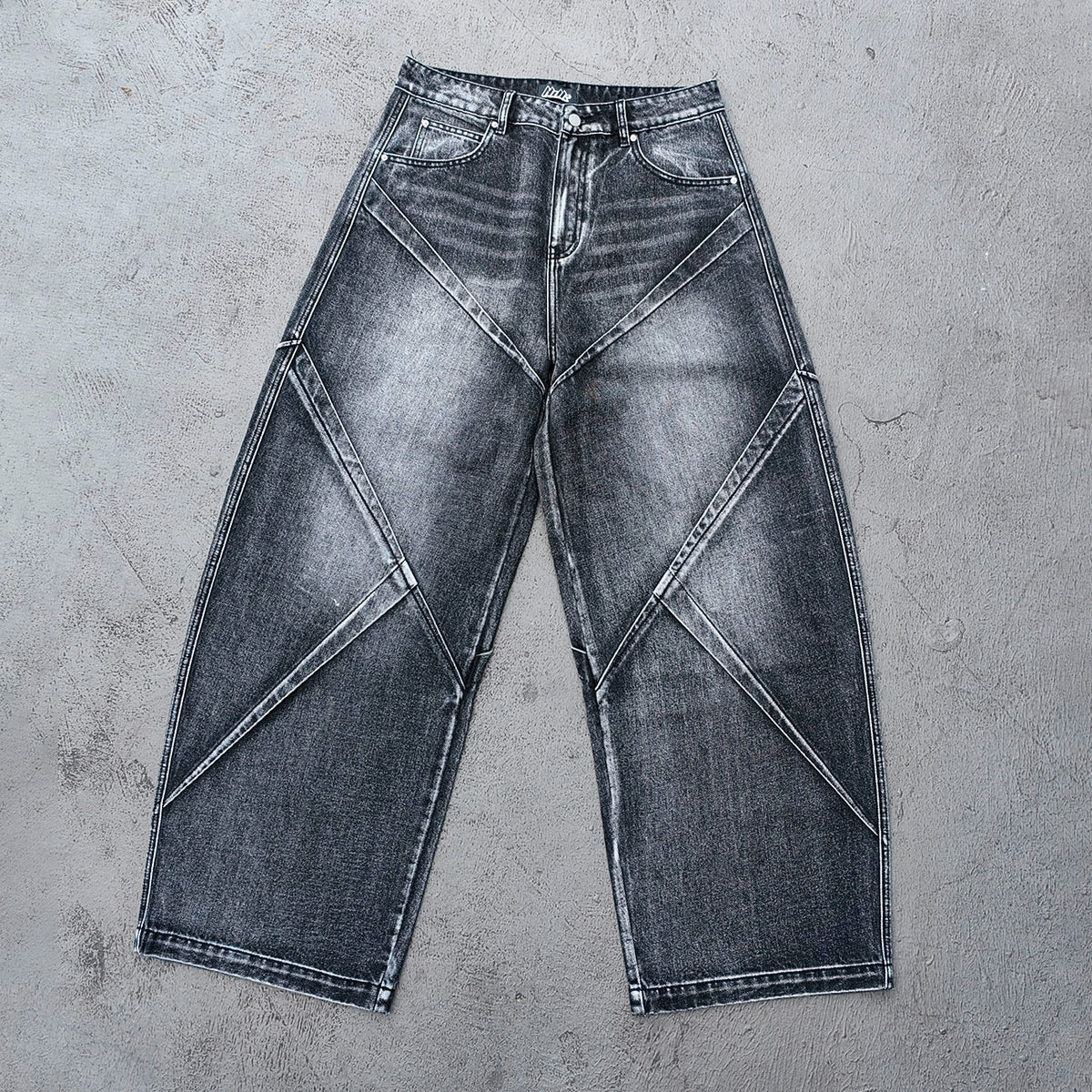 Wide Leg Jeans - Black Gray Acid Wash Geometric Diamond Panel Contrast Stitch Y2K Streetwear