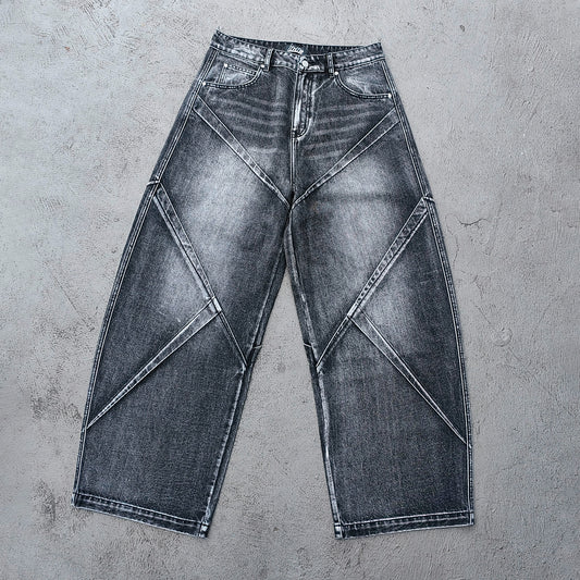 Wide Leg Jeans - Black Gray Acid Wash Geometric Diamond Panel Contrast Stitch Y2K Streetwear