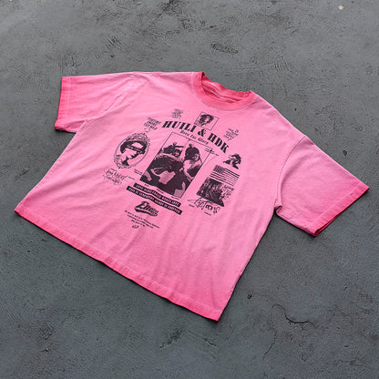 HUILI HDK Graphic Tee - Pink Gradient Acid Wash Vintage Magazine Collage Inside Out Exposed Stitch Y2K Streetwear