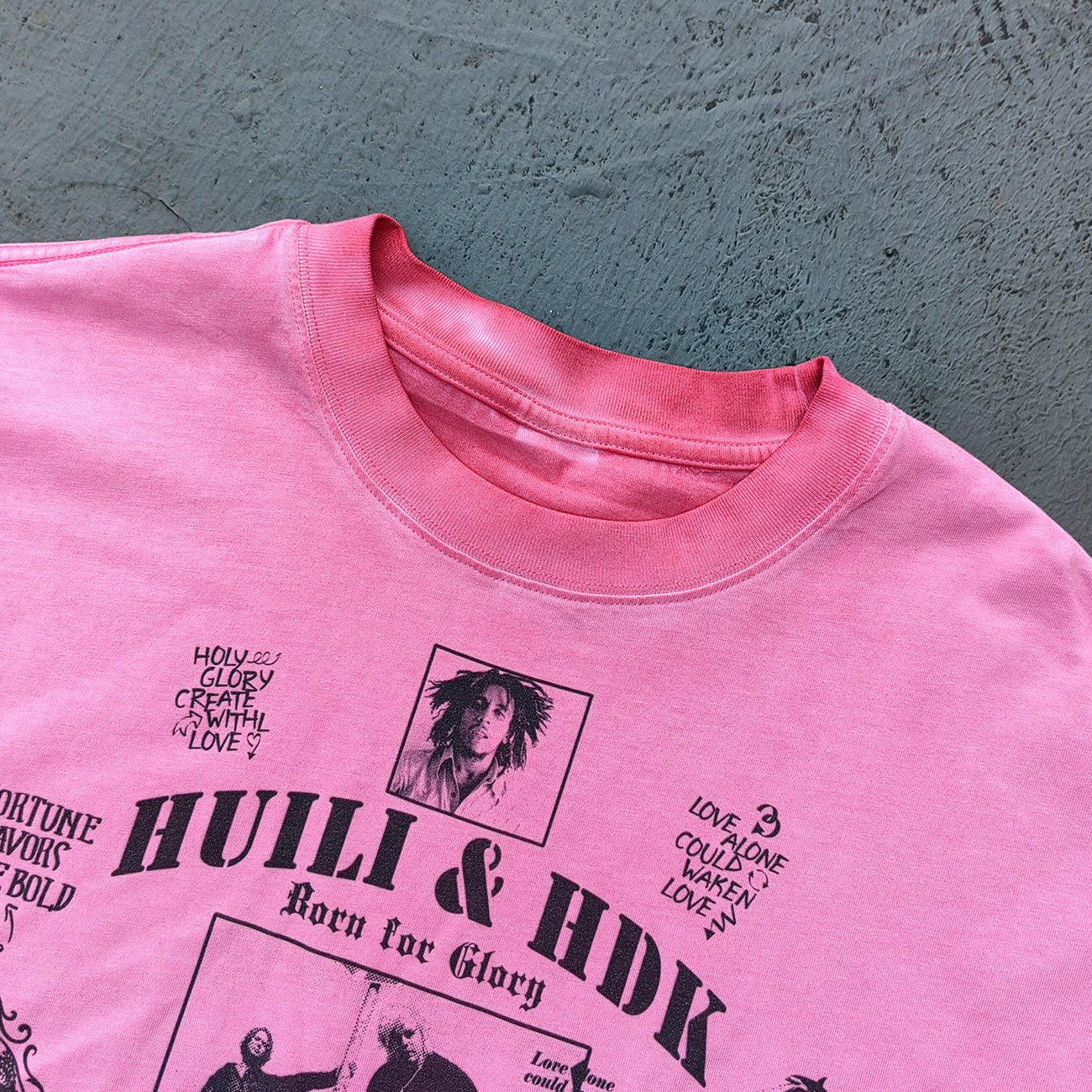 HUILI HDK Graphic Tee - Pink Gradient Acid Wash Vintage Magazine Collage Inside Out Exposed Stitch Y2K Streetwear