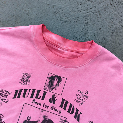 HUILI HDK Graphic Tee - Pink Gradient Acid Wash Vintage Magazine Collage Inside Out Exposed Stitch Y2K Streetwear