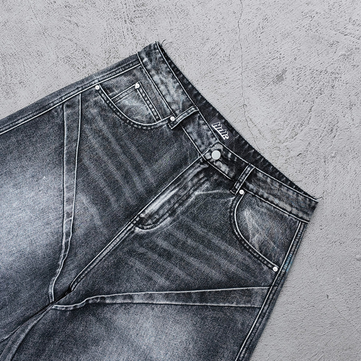 Wide Leg Jeans - Black Gray Acid Wash Geometric Diamond Panel Contrast Stitch Y2K Streetwear